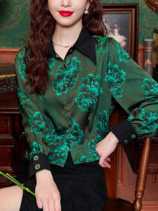 เสื้อเชิ้ตแขนยาวพิมพ์ลายวินเทจสำหรับผู้หญิง ทรงสลิมฟิต เสื้อเชิ้ตคอโปโล ทรงหลวม แฟชั่นฤดูใบไม้ร่วง