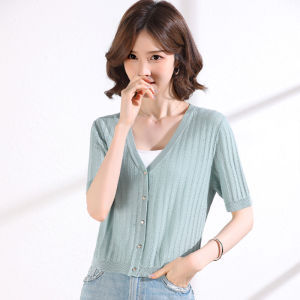 Silk Knitted Ice Silk Short Sleeve Open Cardigan Womens Summer Thin Outerwear with Strap Dresses Top V-neck Single Button