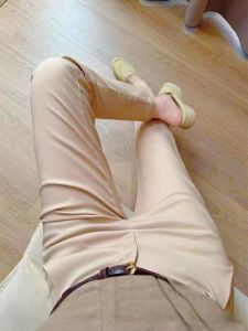 High Waist Slim Fit Khaki Color Suit Casual Pants for Women Cleanfit Style Straight Leg Nine Points Elastic Casual Trousers