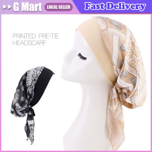 New Women Printed Pre-Tied Turban Cap Muslim Hijab Inner Caps Hair Loss Cover Beanies Bonnet Long Tail Headscarf Strech Bandana