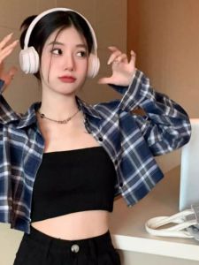 Salt Series Hong Kong Style Thin Checkered Shirt Short Length French Retro Unique Womens Fashion Commute Simple Polyester Long Sleeve Polo Collar