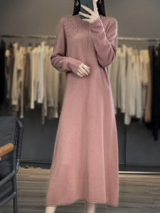 New Chinese Style Pure Wool Long Sleeve Knitted Dress Womens Embroidered Loose Slimming Spring Autumn Base Sweater Long Skirt
