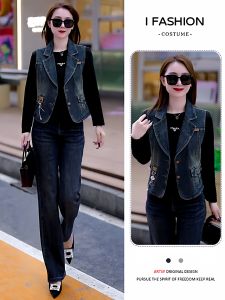 Lazy Casual Simple Style Versatile Anti-Aging Denim Vest Womens Autumn New Popular Button up Short Length Polo Collar Top