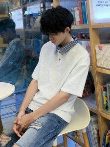 LIUBU | White-Gray Short Sleeve Summer Polo Shirt American Fake Two Pieces Plaid Patchwork