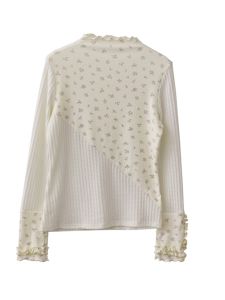 Sweet Floral Asymmetrical Splice Half High Collar T-Shirt Wooden Edge Ear Cuteness Overlap Wear Cotton Long Sleeve Women Top