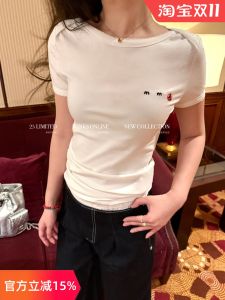 Áo Thun Nữ Tay Ngắn Thêu Ren Ôm Vừa Vặn Mùa Hè Thường Ngày Bằng Cotton Pha Trộn Thấm Hút Mồ Hôi Thiết Kế Cổ Tròn