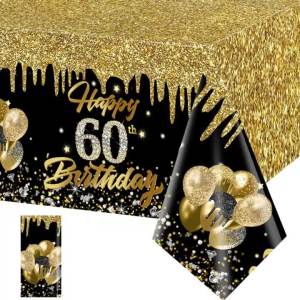 1pc Black and Gold Disposable Plastic Tablecloth for 30th 40th 50th 60th Birthday Party Decorations Family Gathering