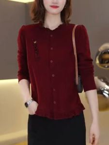 QINGNAER | Wine Red Lace Collar Knit Cardigan Button