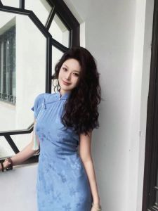 Retro Republic of China Style Blue Girls Reformed Cheongsam Young Daily Wear New Chinese Style Slimming Summer Long Qipao