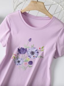 เสื้อยืดคอกลมแขนสั้นผ้าคอตตอนเนื้อนุ่มพิมพ์ลายแฟชั่นสำหรับผู้หญิงในฤดูร้อน ทรงสลิมฟิต ระบายอากาศได้ดี สวมใส่สบาย