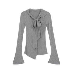 YUEZHONGWEI | Áo thun dài tay cổ tròn màu xám cho nữ mùa thu 2025 phong cách mới ôm vừa vặn thiết kế thắt nơ