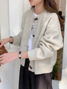 Coffee Color Elegant Fancy Horn Button Sweater Cardigan Female Fall and Winter New Arrival Korean Style Loose Easiest for Match Knitting Outwear