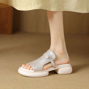 New Chinese style embroidered thick-soled one-word slippers for women to wear 2024 fashionable new thick-heeled sandals for women comfortable and trendy