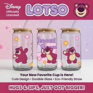 Disney | 1pc 16oz Disney Lotso Bear Borosilicate Glass Tumbler with Lid & Straw Cute Summer Cup for Iced Coffee Juice Perfect Gift