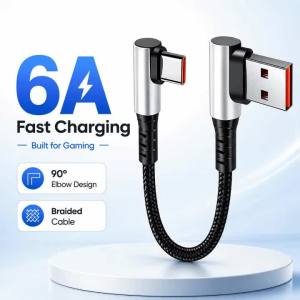 USB C Cable 6A Fast Charging Short Cord USB A to Type C 90 Degree Right Angle Braided Charger 0.25m 0.5m for Phone Gaming