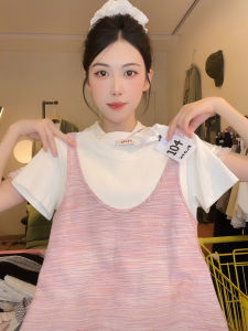 Áo Thun Nữ Tay Ngắn Kẻ Sọc Hồng Phong Cách Hàn Quốc Áo Thun Cotton Ôm Vừa Vặn Cổ Tròn Mùa Hè Tay Ngắn Dài Vừa Phải