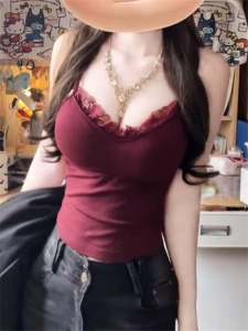 Red Wine Pure Desire Lace Strap Vest Womens Inner Wear Base Layer Mixed Wear Beautiful Back Bra Integrated Small Top
