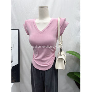 ออกซิเจนสาวแซ่บเสื้อทีเชิ้ตแขนสั้นตัวใหญ่ใส่แล้วดูหน้าอกบริสุทธิ์เสื้อตัวสั้นชายบานทรงโค้งสำหรับผู้หญิงเสื้อตัวในรัดรูปจับจีบสำหรับฤดูร้อน