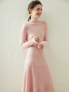 Cashmere Knitted Mid-Length A-Line Dress Womens Autumn Winter Slimming High Neck Long Sleeve Solid Color Sweet Style Dress