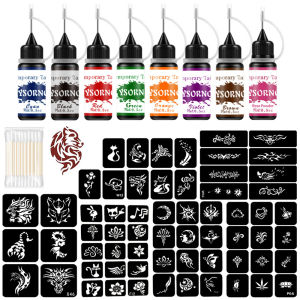 8 Bottles Temporary Tattoo Kit 8 Color Temporary Tattoo Ink with 62 Tattoo Stencils for Halloween Body Paint Art DIY Fake Tattoo