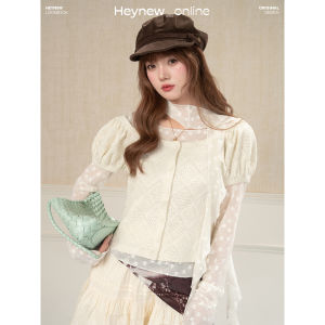 loveheynew | Áo Blouse Knit Màu Đào Dày Cổ Rộng Tay Bồng Ngắn