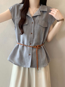 WANGGONGZHU | Slim Fit Cotton Linen Short Sleeve Shirt Women Summer Thin New Design Belt Waist Inward Fashion Top Princess Style Commute Wind