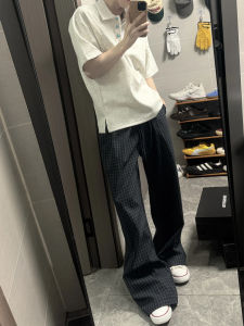 LIUBU | Navy Check Pants Mens Casual Loose Trousers