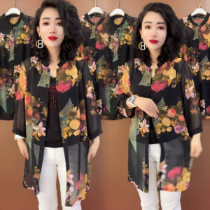 Ice ผ้าไหม แขนกุด Wrap คาร์ดิเกน Long Ladies Round Neck Half Sleeve ลายดอก กันแดด ฤดูใบไม้ผลิ ฤดูร้อน เรียบหรู เสื้อกันลม