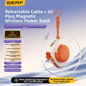 Berf | Airplane Safe Multifunctional Wireless Power Bank with Built-in Retractable Cable and Plug for Apple 20000mAh