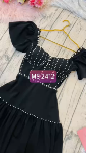 MyDu Shop | Đầm Dự Tiệc MS 2412 – Cổ Vuông Tay Ngắn Đính Cườm Sang Trọng