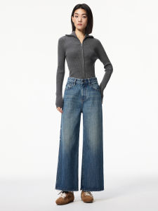 High Waist Loose Straight Denim Jeans Womens Autumn New Style Drape Slim Wide Leg Pants Casual Cotton Stripe Texture