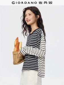 Giordano Long Sleeve T-Shirt Womens New Pure Cotton Color Block Front Back Splicing Vintage Stripes Loose Top 13325777