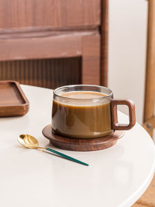 Premium Walnut Wood Coffee Cup Mat Set Elegant Glass Coffee Cup High-End Office Ladies Personal Use Cup Plate Set