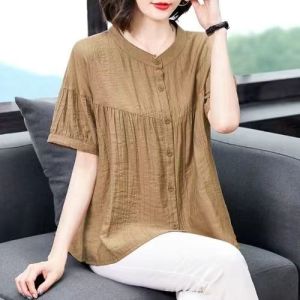 QIAOXIZI | Elegant Loose-Fit Womens Cotton Linen Short Sleeve Shirt 2025 New Arrival