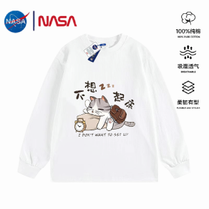 NASA Collaborative Lazy Cat Long Sleeve Loose Fit American Style Casual Versatile Design Cotton T-Shirt for Teens And Young Adults