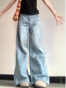 145 Small American Retro Light Color Wide Leg Denim Female High Waist Loose and Slimming Straight Mopping Pants Tide
