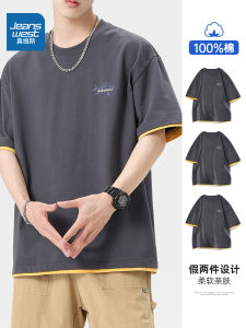Jeanswest Mens Summer Casual Cotton T-Shirt Loose Fit Short Sleeve Fake Two-Piece round Neck Top Youth Fashion Trend Brand