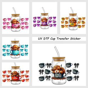Sleepy Highland Cow Need Coffee Theme UV DTF Wrap Stickers for Tumbler Can Cute Quote Cup Transfer Sticker for Coffee Lover