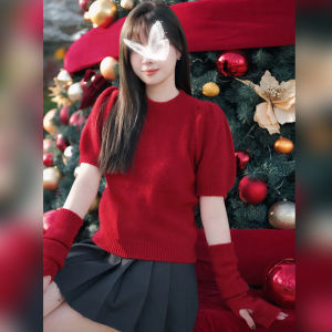 Christmas Red Knitted Sweater Womens Short Top Bubble Sleeve Design Autumn Winter Fashion Small Size Friendly Commute Style