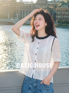 Basic House | Cotton Lace Short Sleeve Rounded Neck Womens Shirt