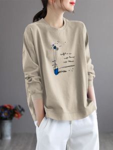 Womens Casual Loose Long Sleeve round Neck Cotton T-shirt plus Size Print Top Comfortable Breathable Autumn Season Wear