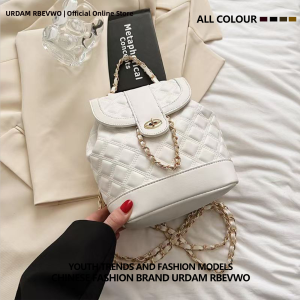 URBEM RBEIWO 2025 New Style Womens Bucket Shape Shoulder Bag Soft Surface Pure Color Chain Travel Backpack White Color