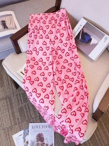Pink Heart Ice Silk Wide Leg Pants Women Summer Thin Drapey Lazy Sleepwear Loose Casual Cool Walking Pants Korean Style High Waist Long Trousers