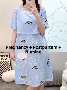 Summer Thin Cotton Pijama Short Sleeve Maternity Nightgown Nursing Home Clothes Blue Color Comfortable Breathable Sleepwear