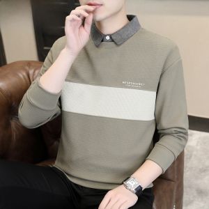 HENGYUANXIANG | Hengyuanxiang Dad Style Long Sleeve T-Shirt Mens Autumn Winter Color Block Striped Base Shirt Loose Fit Anti-Wrinkle Polyester