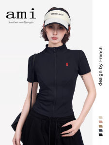 AM I KMKM Quick Dry Short Sleeve Womens T-Shirt Slim Fit Waist Cinched Half High Collar Casual Style Summer Top