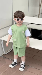 Set bộ cotton tay ngắn đính tag phối màu cho bé trai phong cách hàn quốc 9 đến 28kg BERNIE P1124B86