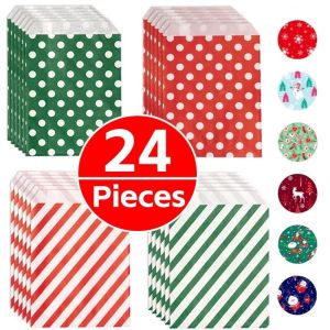 24Pcs Christmas Paper Treat Bags Polka Dot Striped Pattern Candy Buffet Bags for Xmas Party Favor Paper Gift Bags