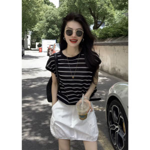 YUEZHONGWEI | Color Block Stripe Ice Silk Knitted Short Sleeve T Shirt Women Summer Design Sensation Slim Fit Back Drawstring Tie Top