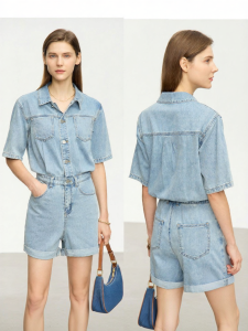 AMII | Vintage Distressed Cotton Lapel Shoulder Dropping Womens Romper